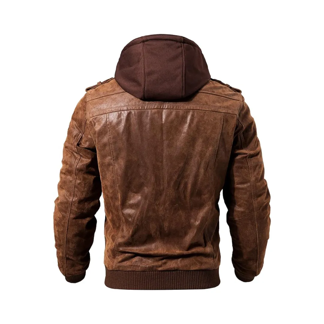 Brown Removable Hood Motorcycle Leather Jacket