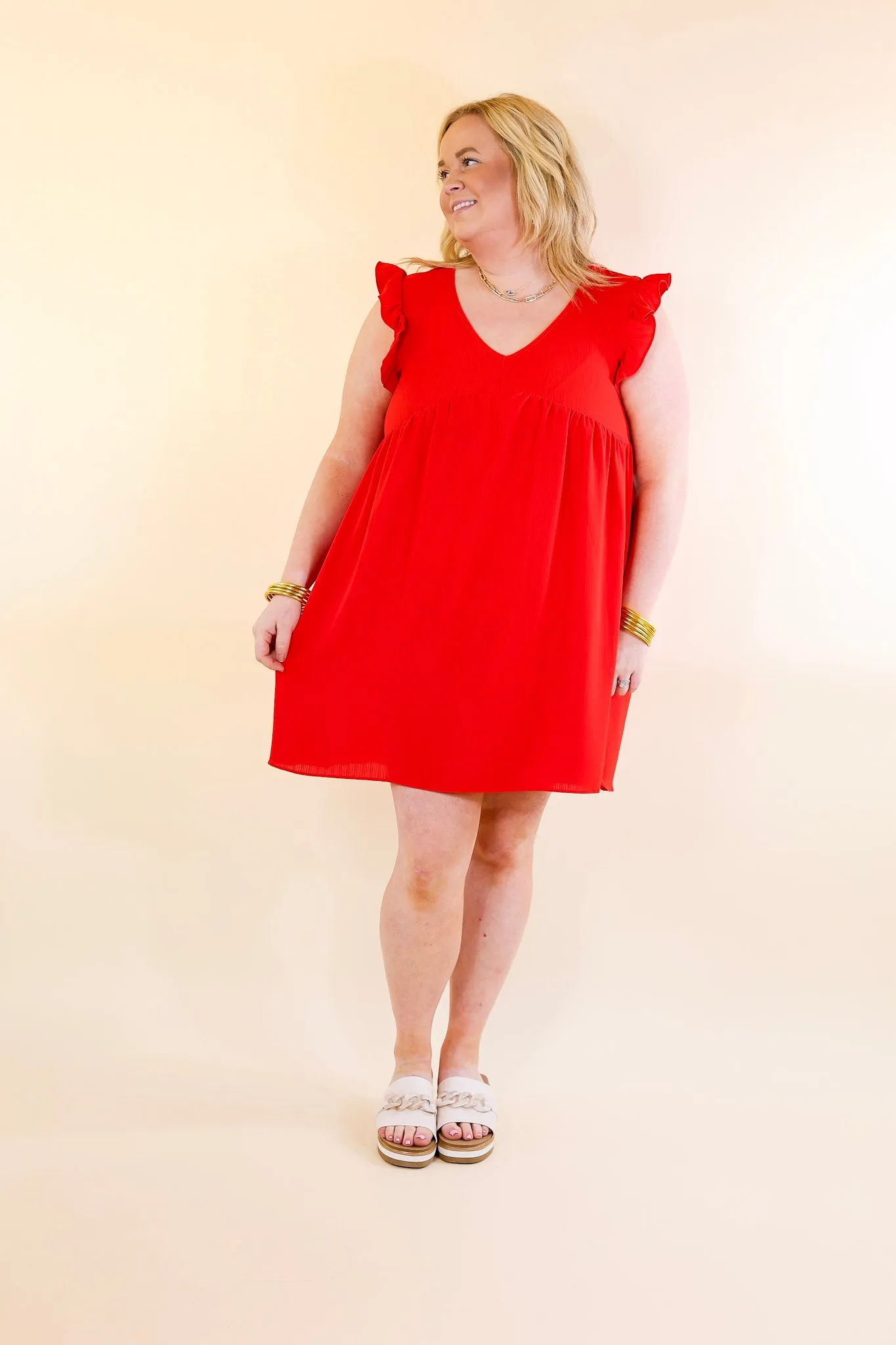 Capture Your Attention V Neck Dress with Ruffle Cap Sleeves in Red