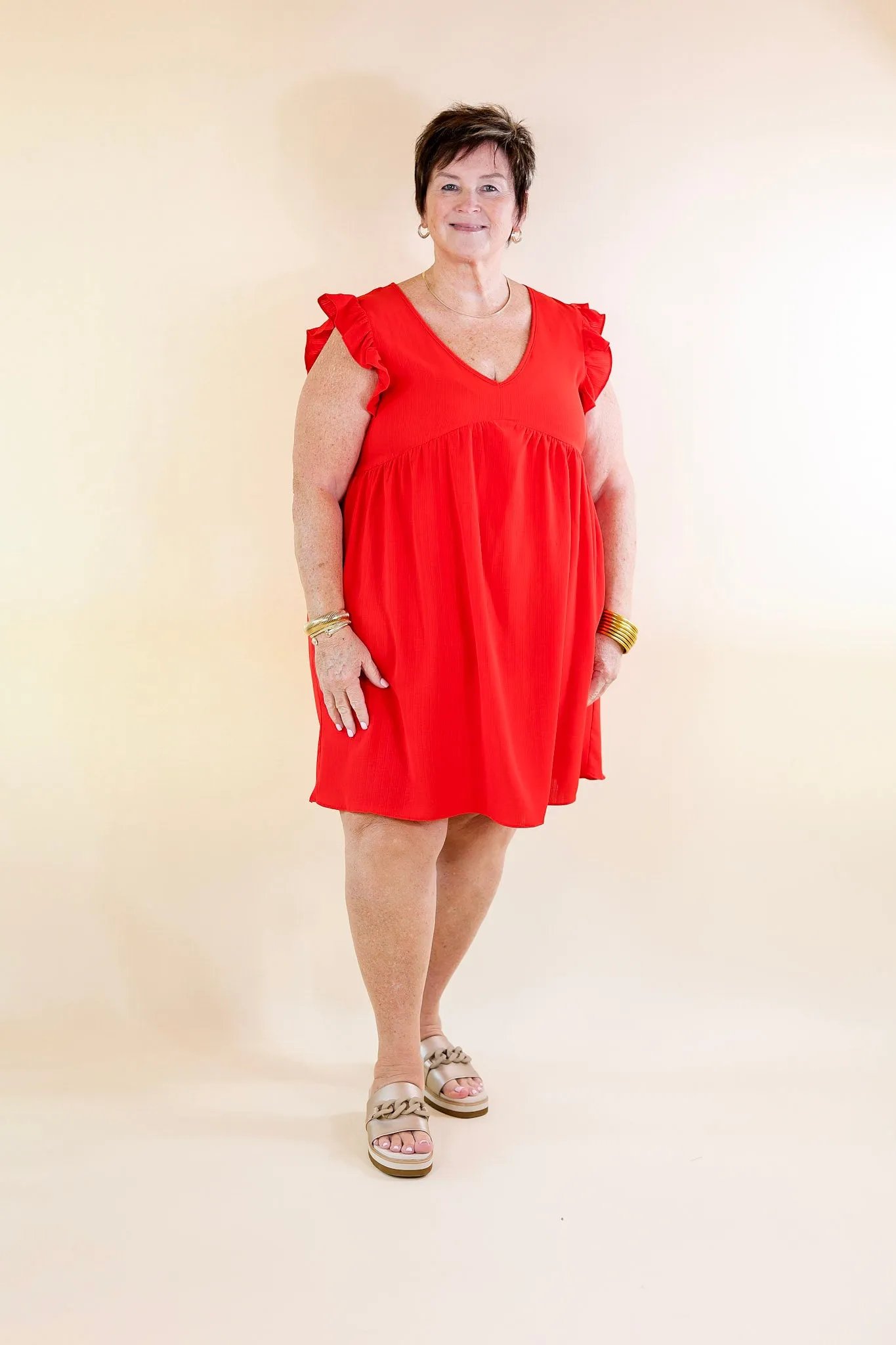 Capture Your Attention V Neck Dress with Ruffle Cap Sleeves in Red