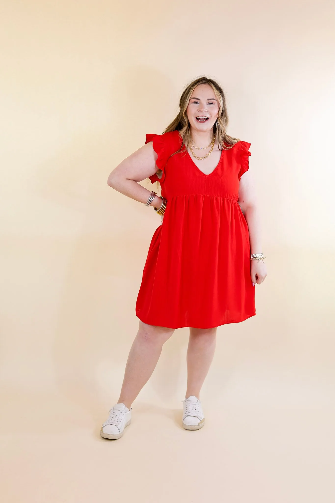 Capture Your Attention V Neck Dress with Ruffle Cap Sleeves in Red