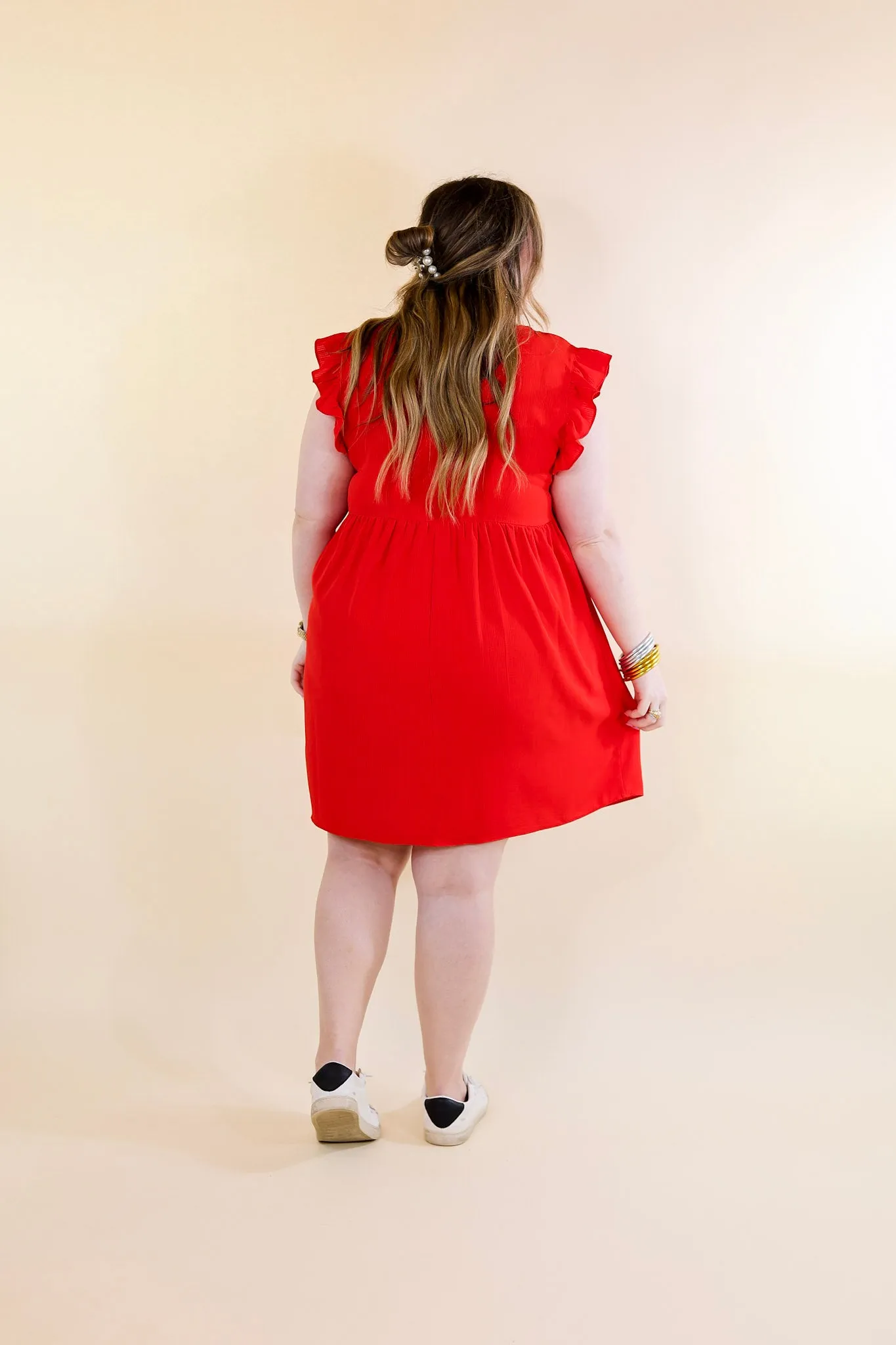 Capture Your Attention V Neck Dress with Ruffle Cap Sleeves in Red