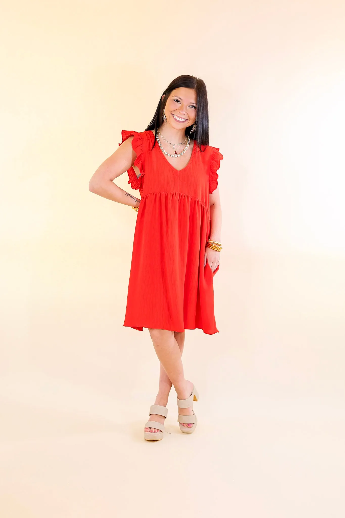 Capture Your Attention V Neck Dress with Ruffle Cap Sleeves in Red