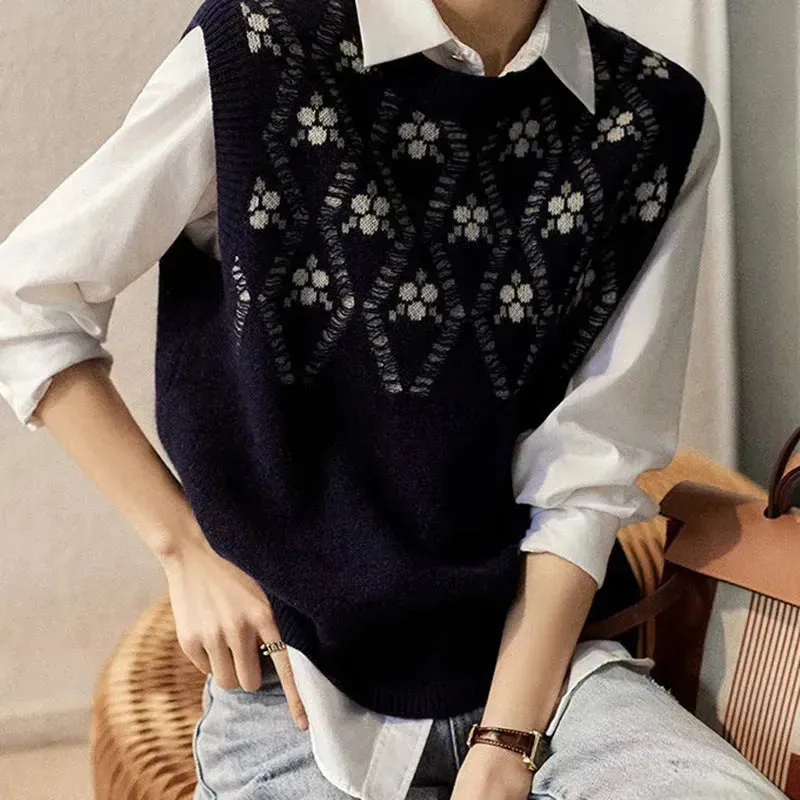 Cashmere Jacquard Sleeveless Round Neck Knitted Sweater Vest for Women