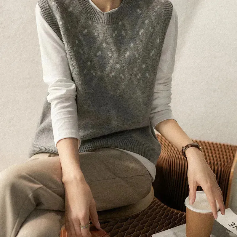 Cashmere Jacquard Sleeveless Round Neck Knitted Sweater Vest for Women