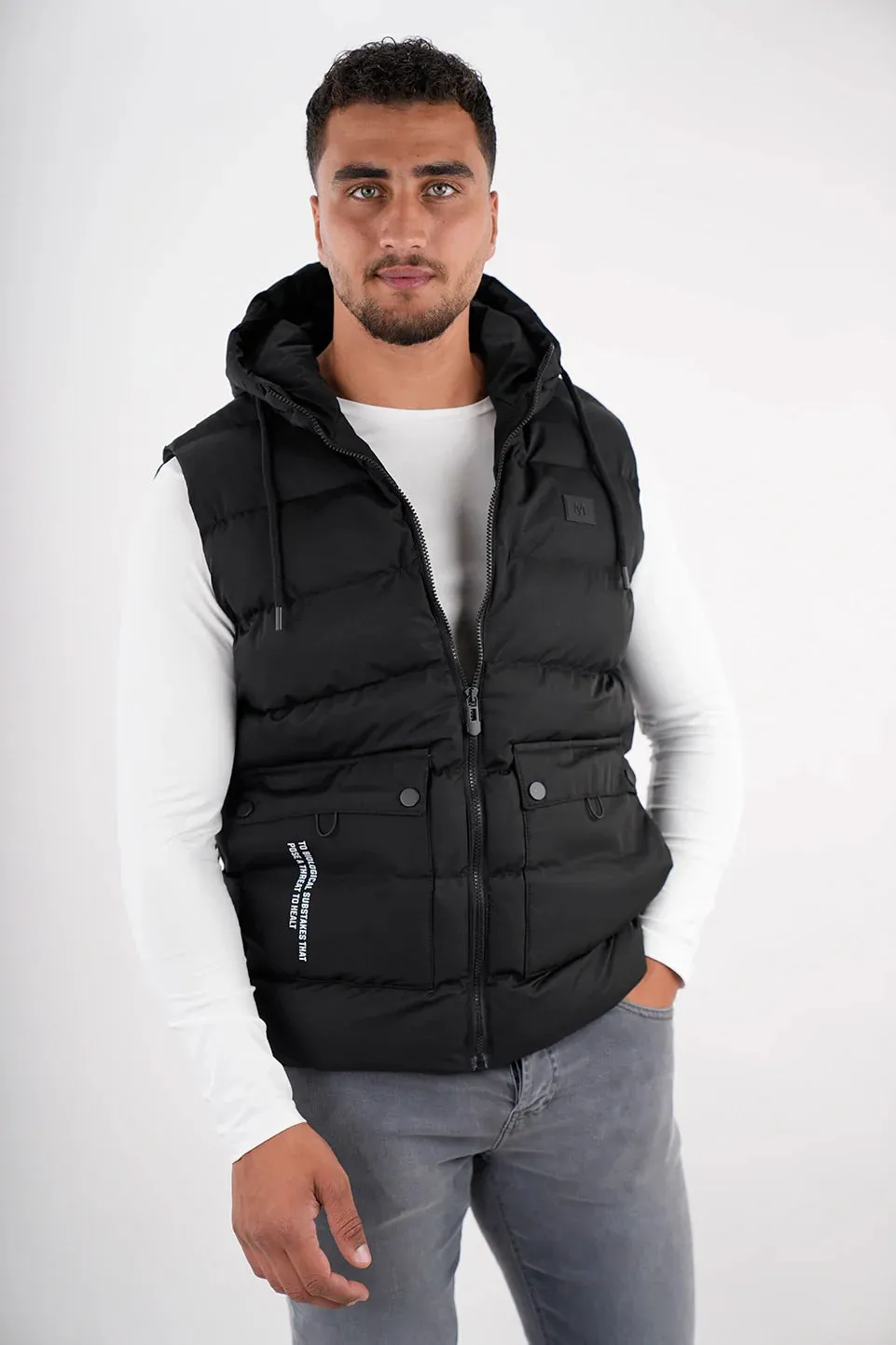 Casual Black Vest Puffer With Hood