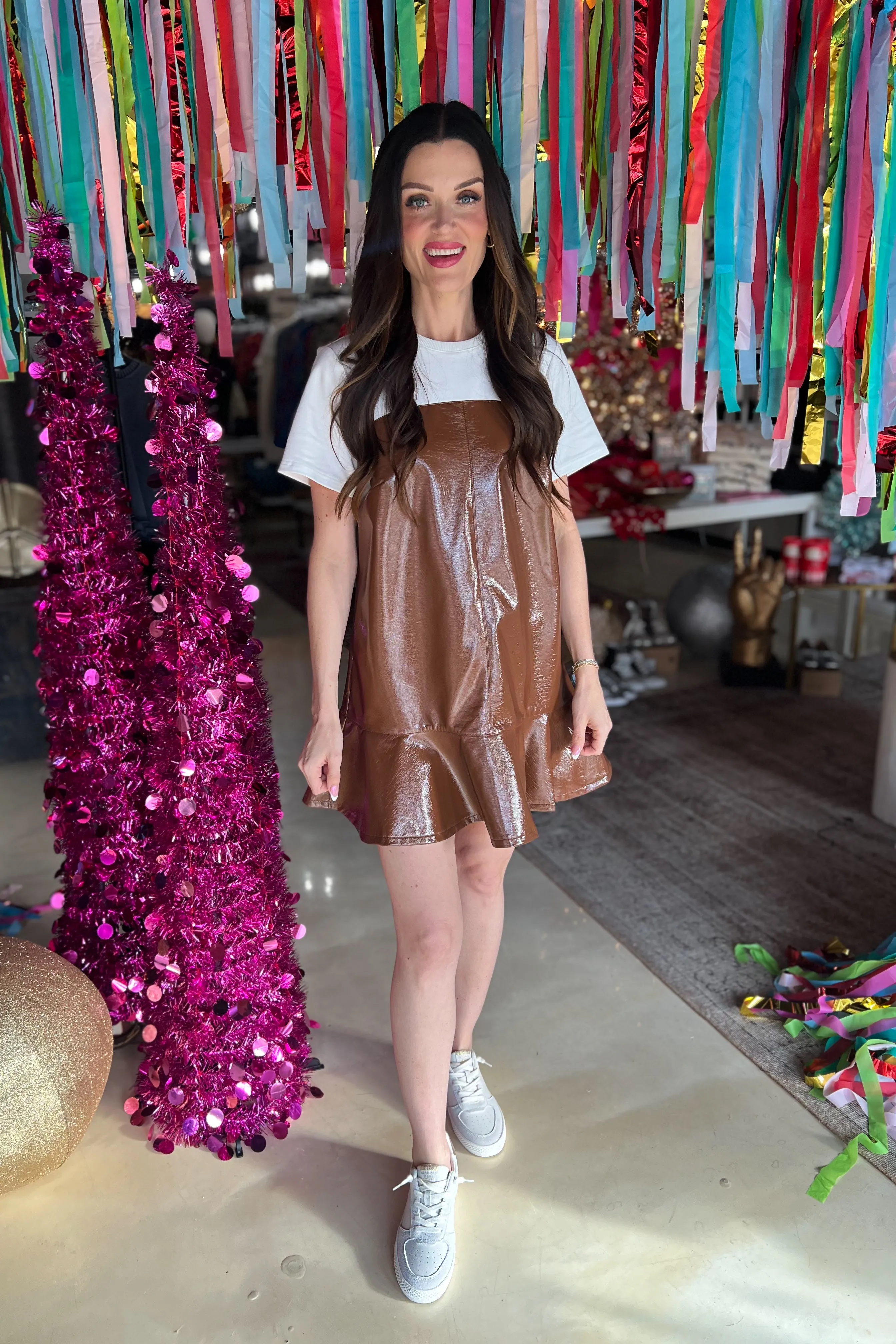 Chestnut Charm Faux Patent Leather Mini Tee Dress