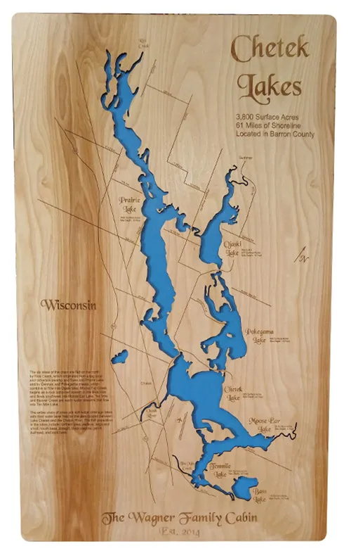 Chetek Chain of Lakes, Wisconsin - Laser Cut Wood Map