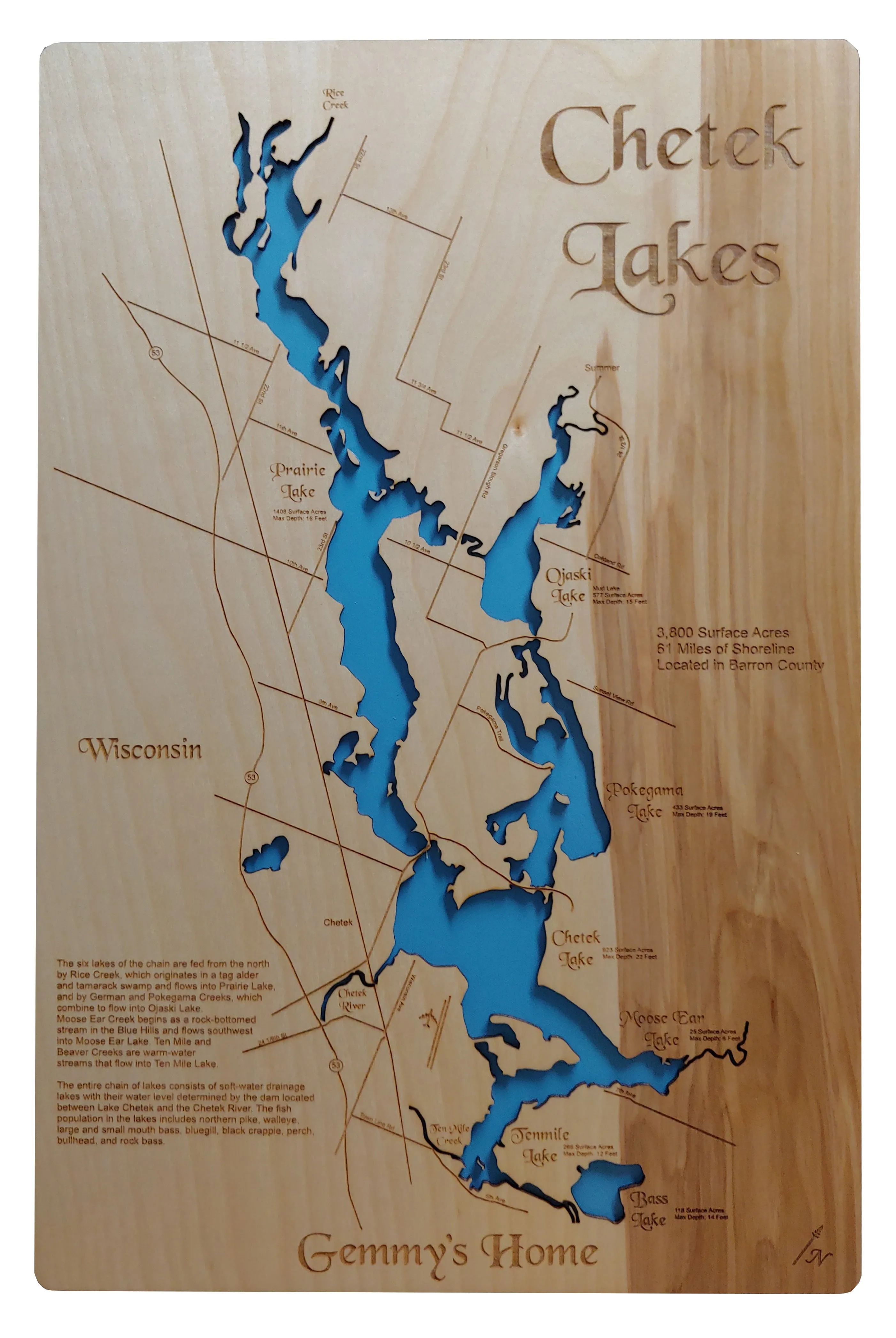 Chetek Chain of Lakes, Wisconsin - Laser Cut Wood Map