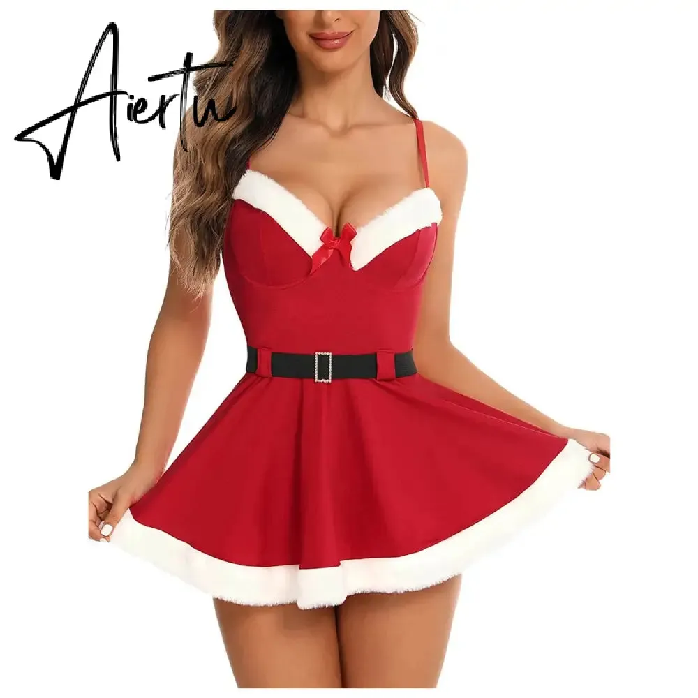 Christmas Babydoll Dress Women's Underwear Sexy Lace Lingerie V-neck Sleeveless Strap Nightdress Sexy Backless Nightie Sleepwear