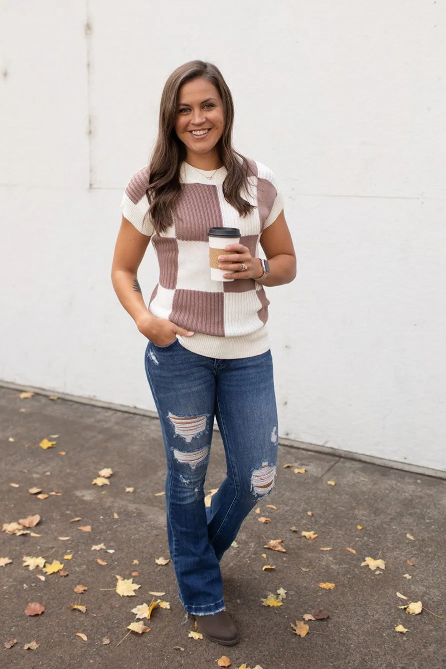 Cream Mocha Checkered Short Sleeve Sweater (SM-XL)