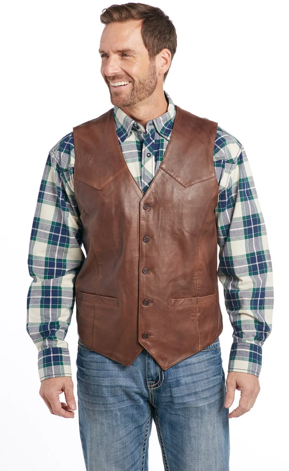 Cripple Creek Mens Button Front Nappa Vintage Brown Lamb Leather Leather Vest