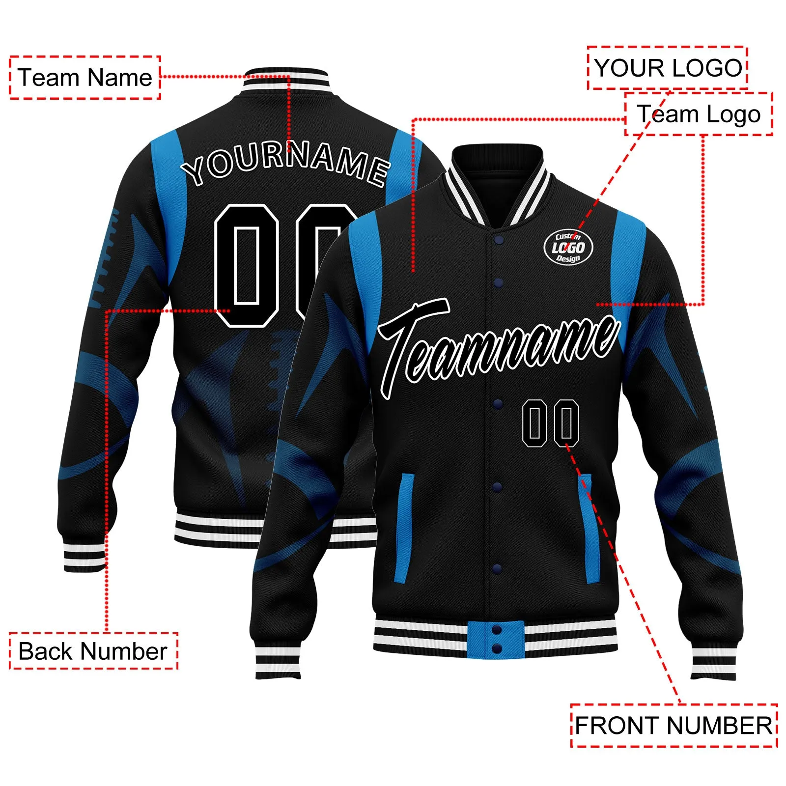 Custom Black Carolina Jacket Bomber Full-Snap Varsity Letterman Personalized Jacket FZ005-D025004-3