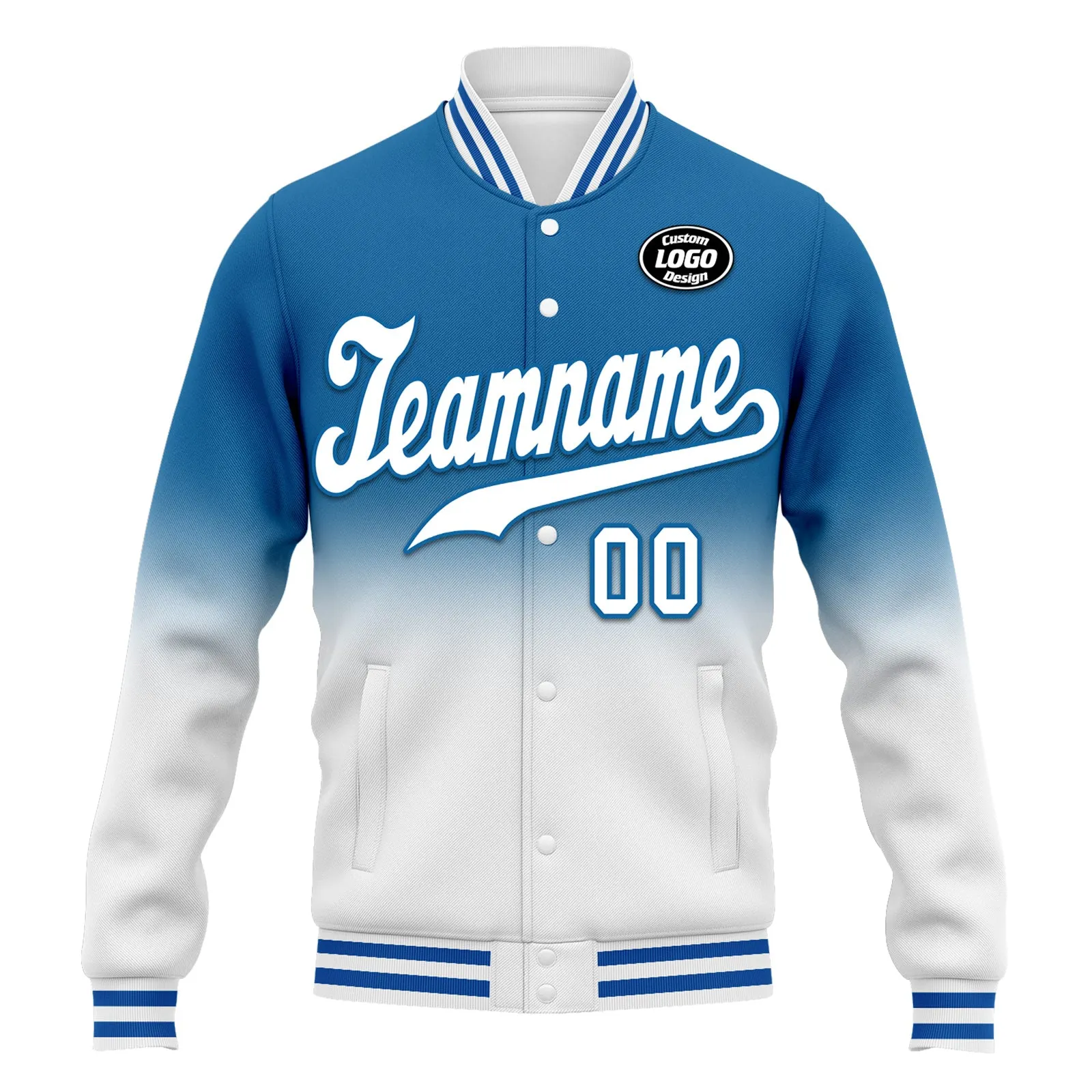 Custom Blue White Fade Fashion Jacket Bomber Full-Snap Varsity Letterman Personalized Jacket FZ005-D020229-18