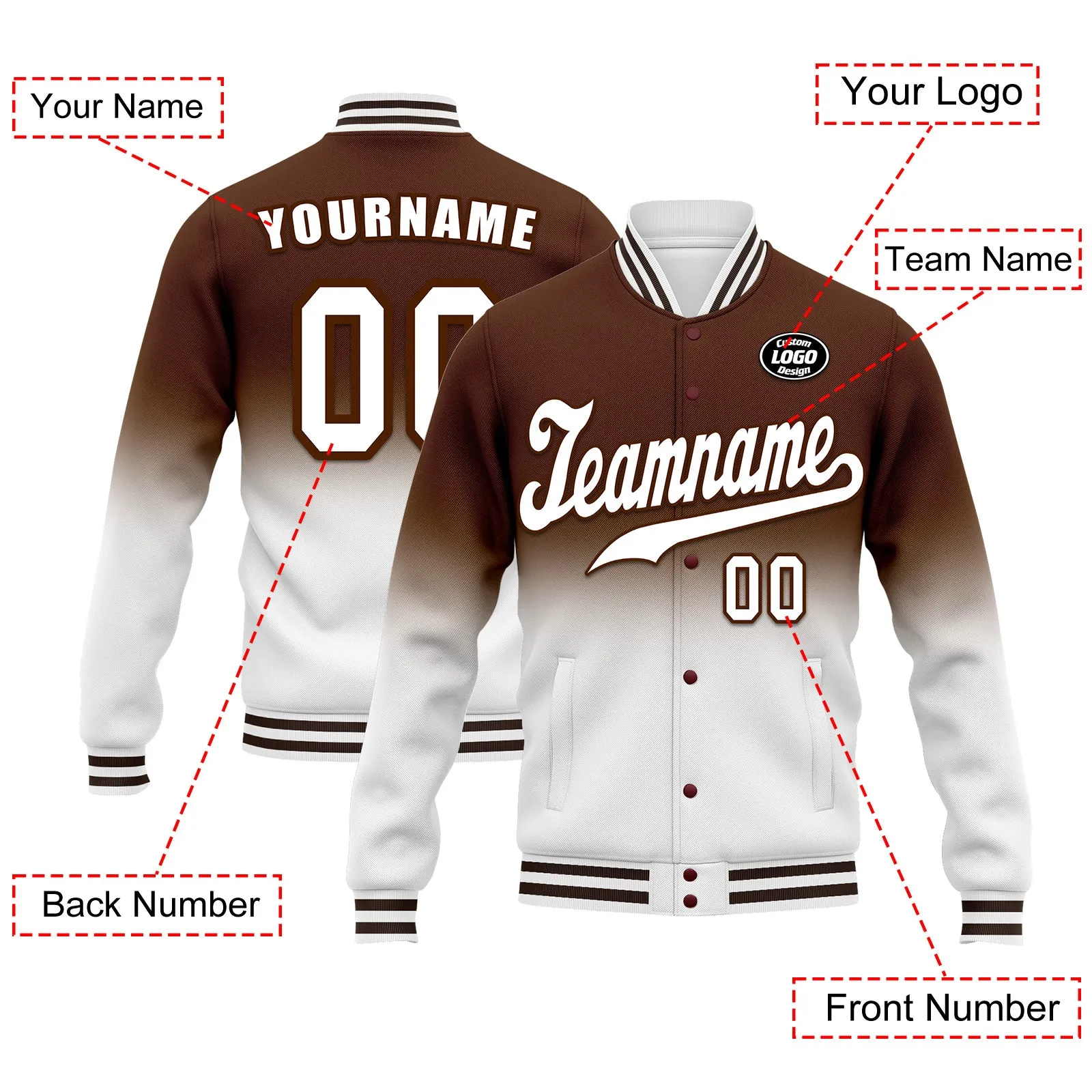 Custom Brown White Fade Fashion Jacket Bomber Full-Snap Varsity Letterman Personalized Jacket FZ005-D020229-24