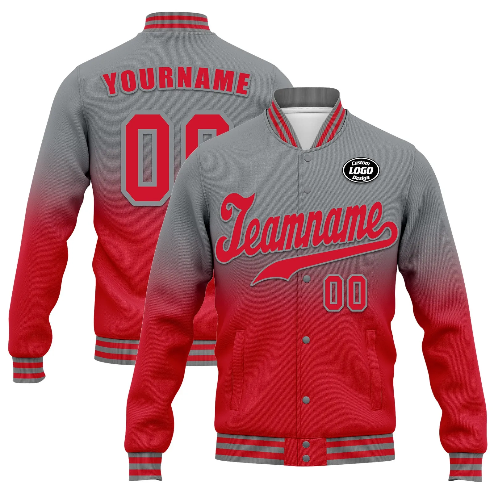 Custom Gray Red Fade Fashion Jacket Bomber Full-Snap Varsity Letterman Personalized Jacket FZ005-D020229-27