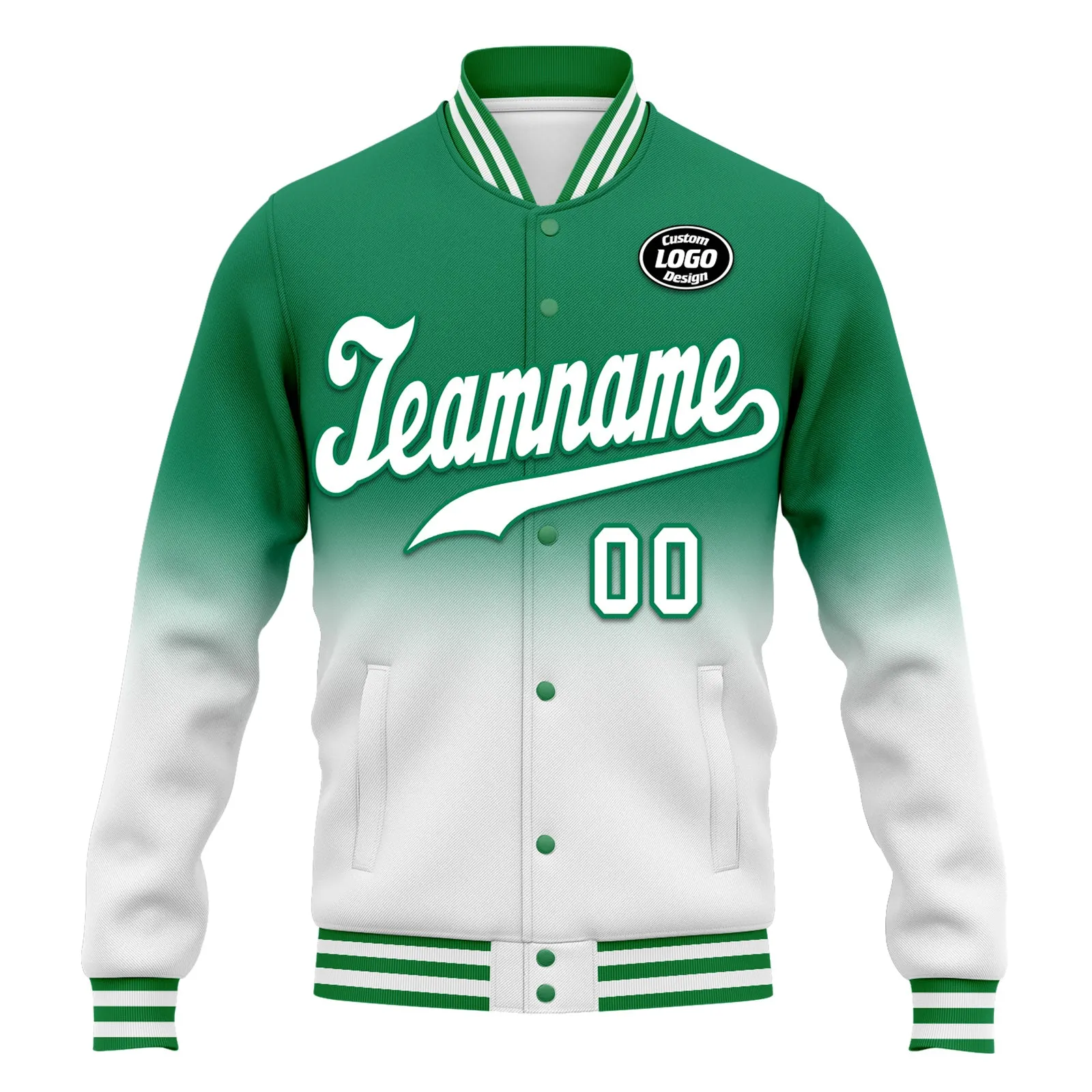 Custom Green White Fade Fashion Jacket Bomber Full-Snap Varsity Letterman Personalized Jacket FZ005-D020229-10