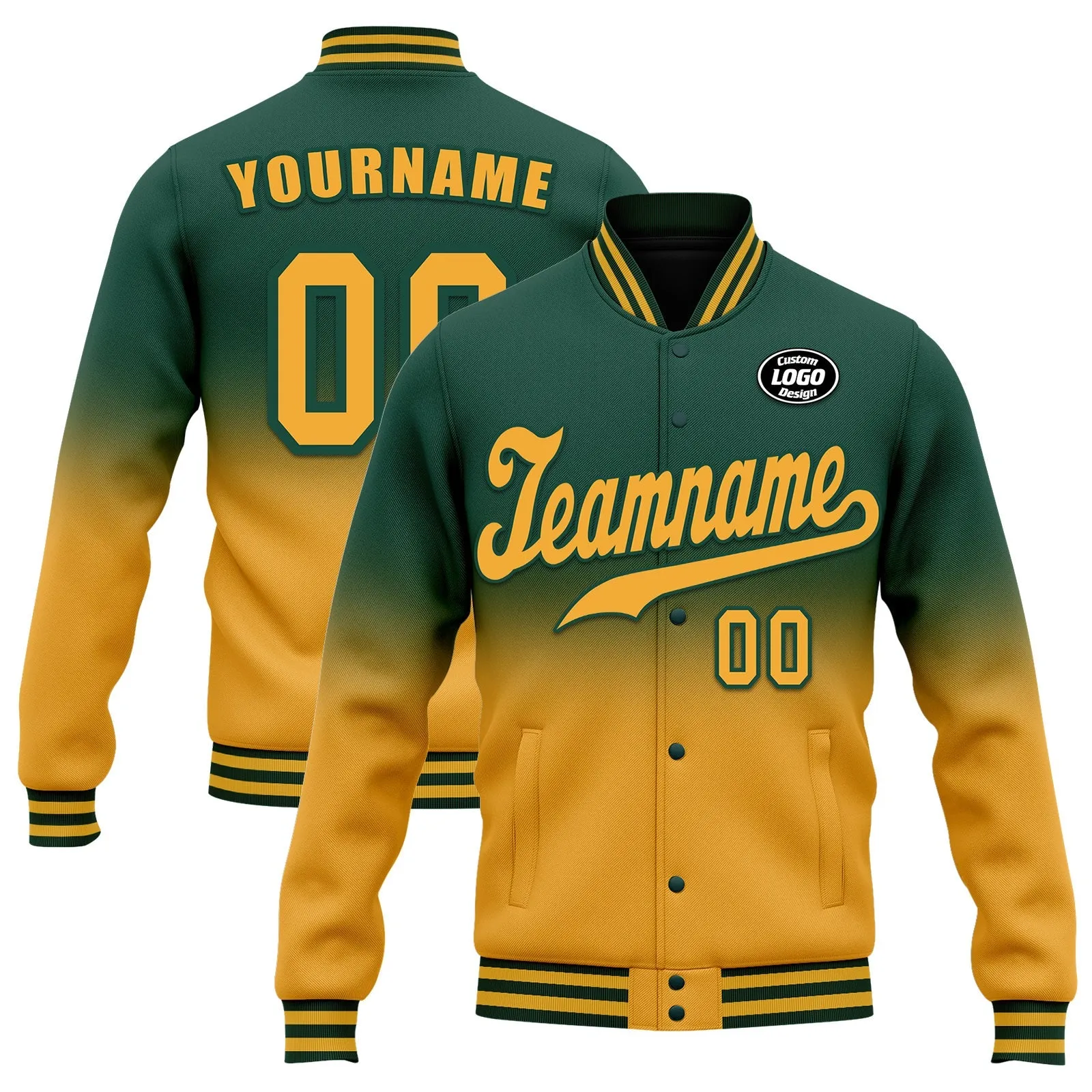 Custom Green Yellow Fade Fashion Jacket Bomber Full-Snap Varsity Letterman Personalized Jacket FZ005-D020229-5