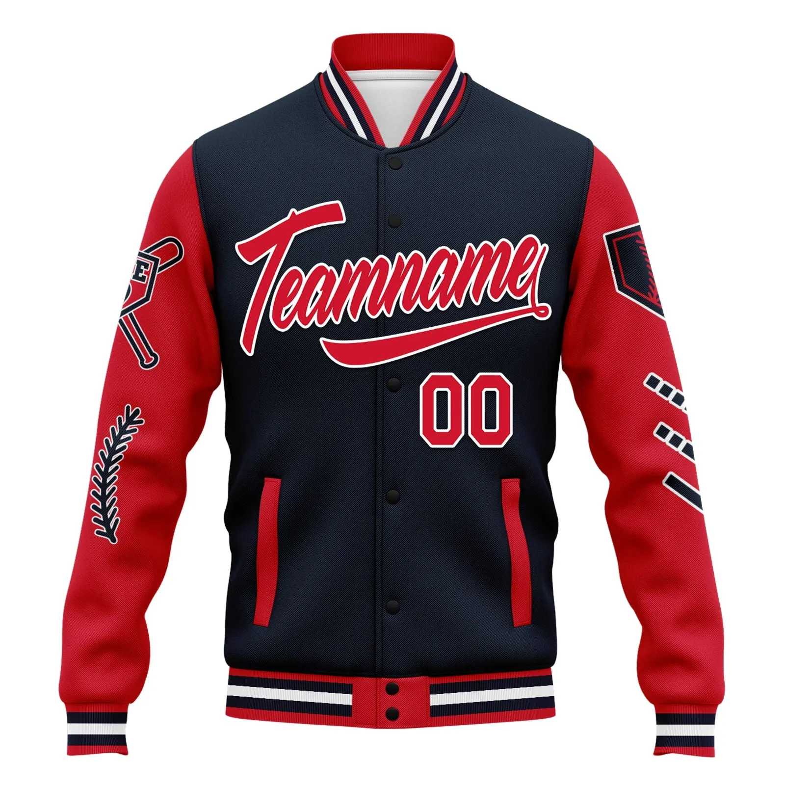 Custom Navy Red Raglan Sleeves Jacket Bomber Full-Snap Varsity Letterman Personalized Jacket FZ005-D023002-3