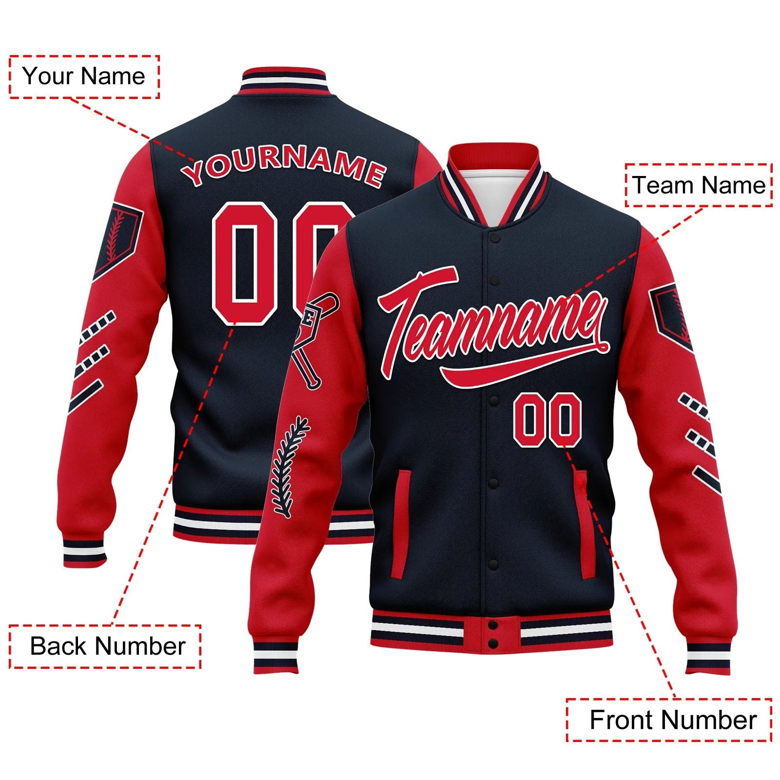 Custom Navy Red Raglan Sleeves Jacket Bomber Full-Snap Varsity Letterman Personalized Jacket FZ005-D023002-3