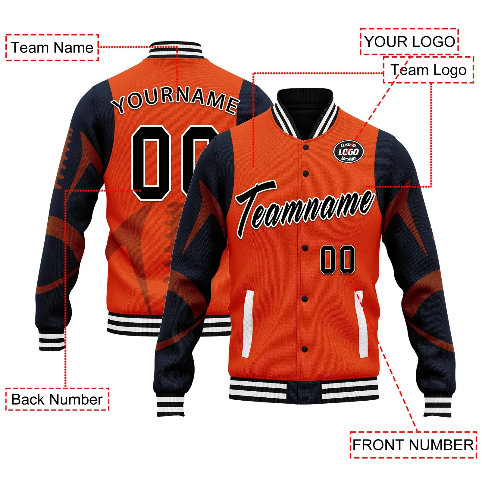 Custom Orange Chicago Jacket Bomber Full-Snap Varsity Letterman Personalized Jacket FZ005-D025004-7