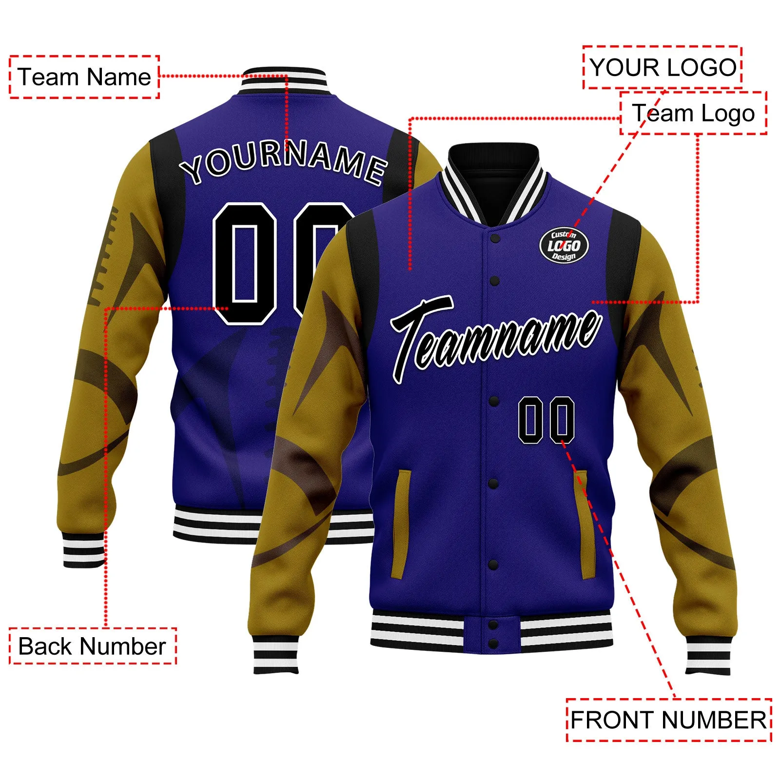 Custom Purple Baltimore Jacket Bomber Full-Snap Varsity Letterman Personalized Jacket FZ005-D025004-4