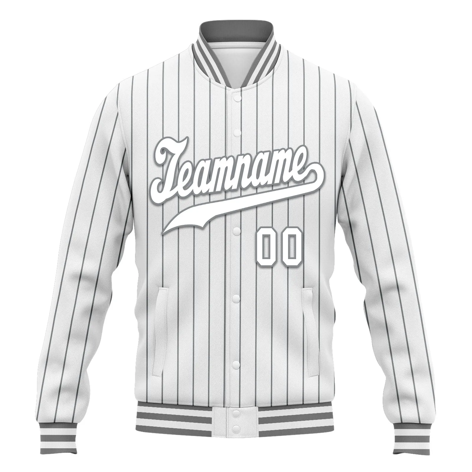 Custom White Gray Stripe Fashion Jacket Bomber Full-Snap Varsity Letterman Personalized Jacket FZ005-D020219-8