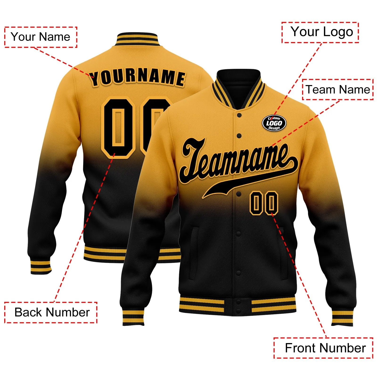 Custom Yellow Black Fade Fashion Jacket Bomber Full-Snap Varsity Letterman Personalized Jacket FZ005-D020229-9