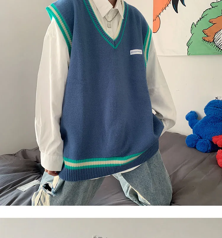 deanwangkt Sweater Vest Men V-neck Shrug Patchwork Knitted Couples Ins Plus Size 3XL Oversize Harajuku Vests Ins Chic Korean Style Leisure