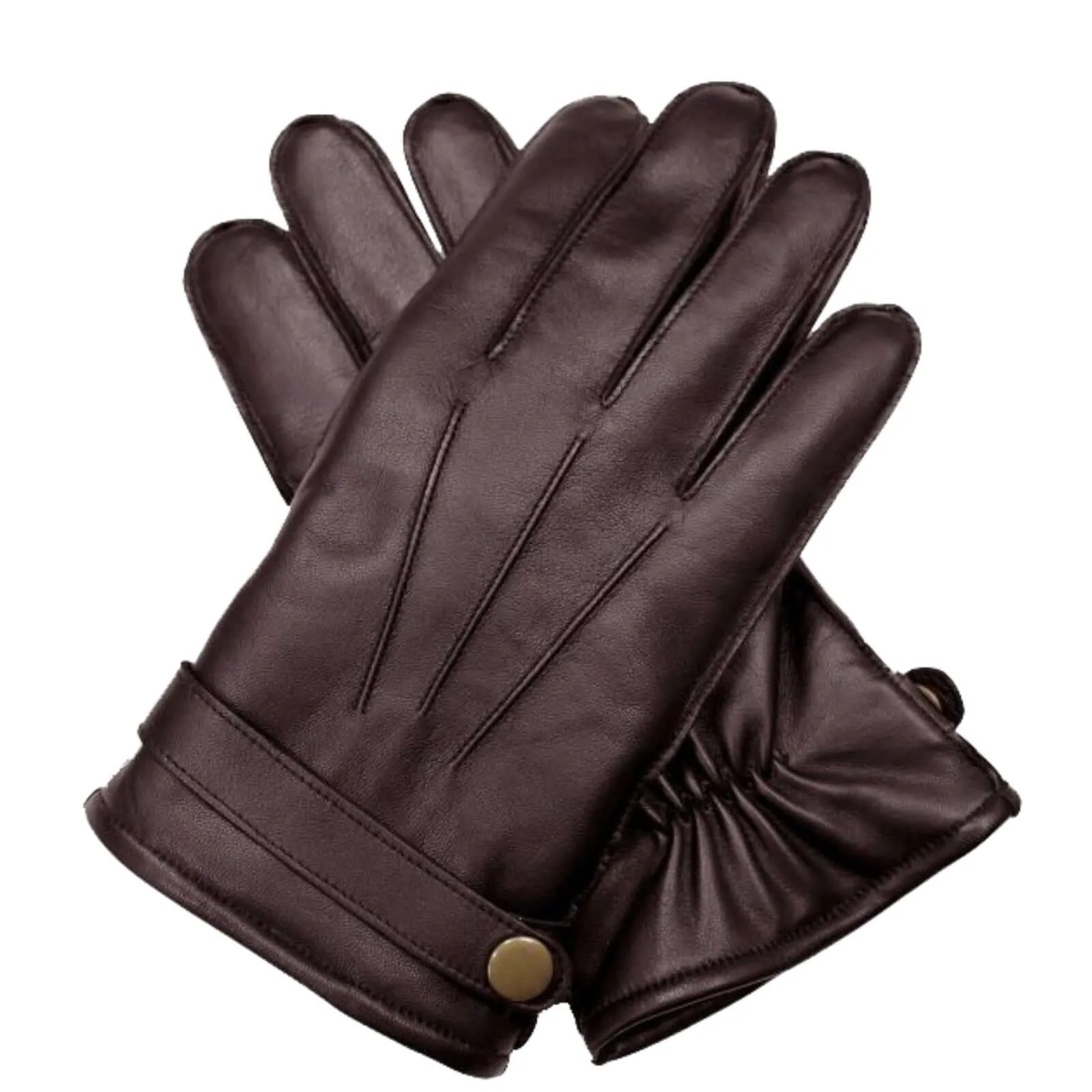 Dents Mens Wool Knit Lined Leather Gloves with Strap and Stud - Brown