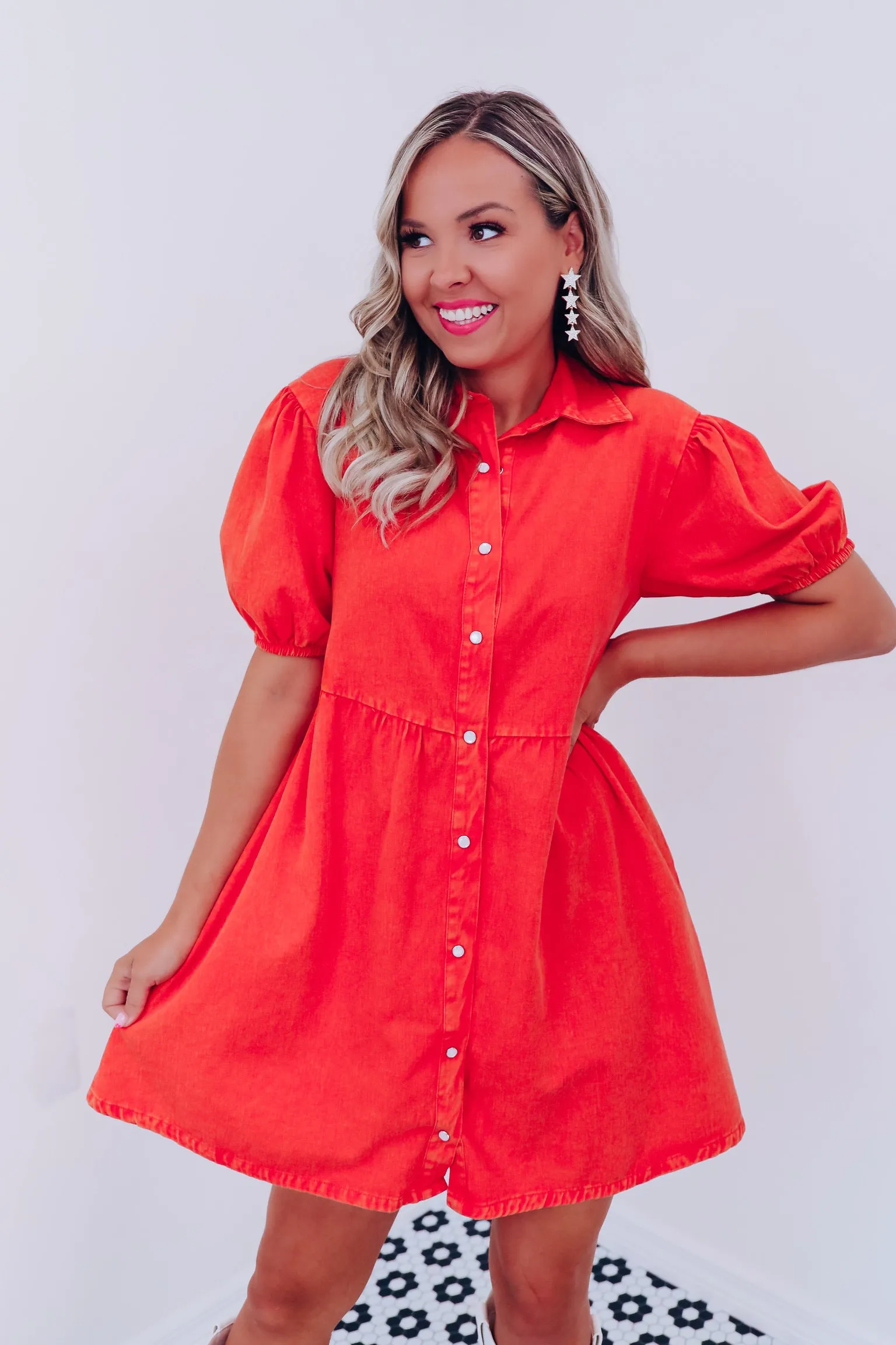 Desert Fire Denim Babydoll Dress - Red Orange