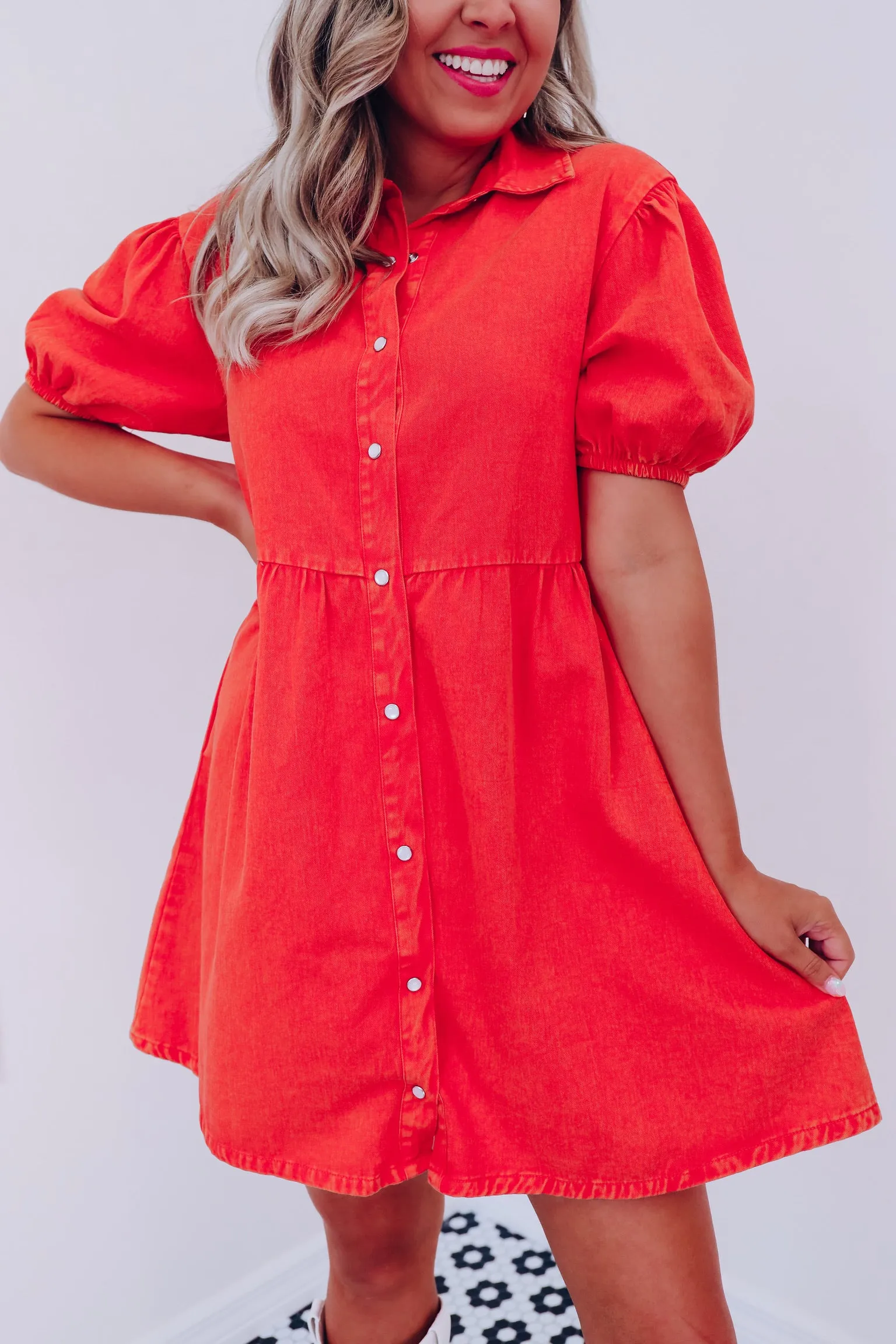 Desert Fire Denim Babydoll Dress - Red Orange