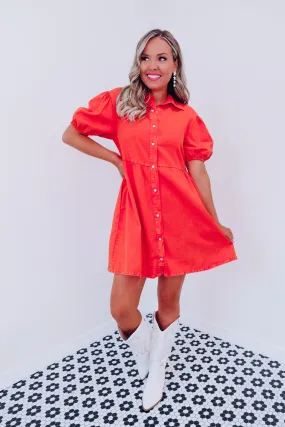 Desert Fire Denim Babydoll Dress - Red Orange