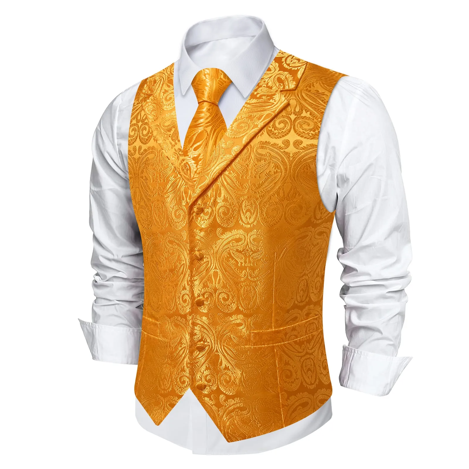 DiBanGu Fulvous Orange Paisley Notched Collar Silk Mens Vest Tie Set