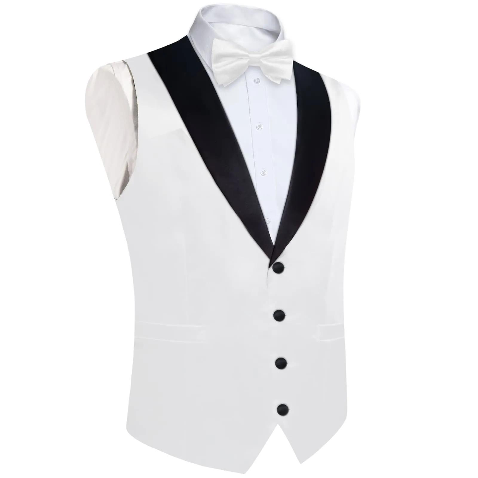 DiBanGu Tuxedo Vest Ghost White Solid Silk Mens Button Up Shawl Collar Dress Vest and Bow Tie Set