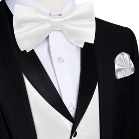 DiBanGu Tuxedo Vest Ghost White Solid Silk Mens Button Up Shawl Collar Dress Vest and Bow Tie Set