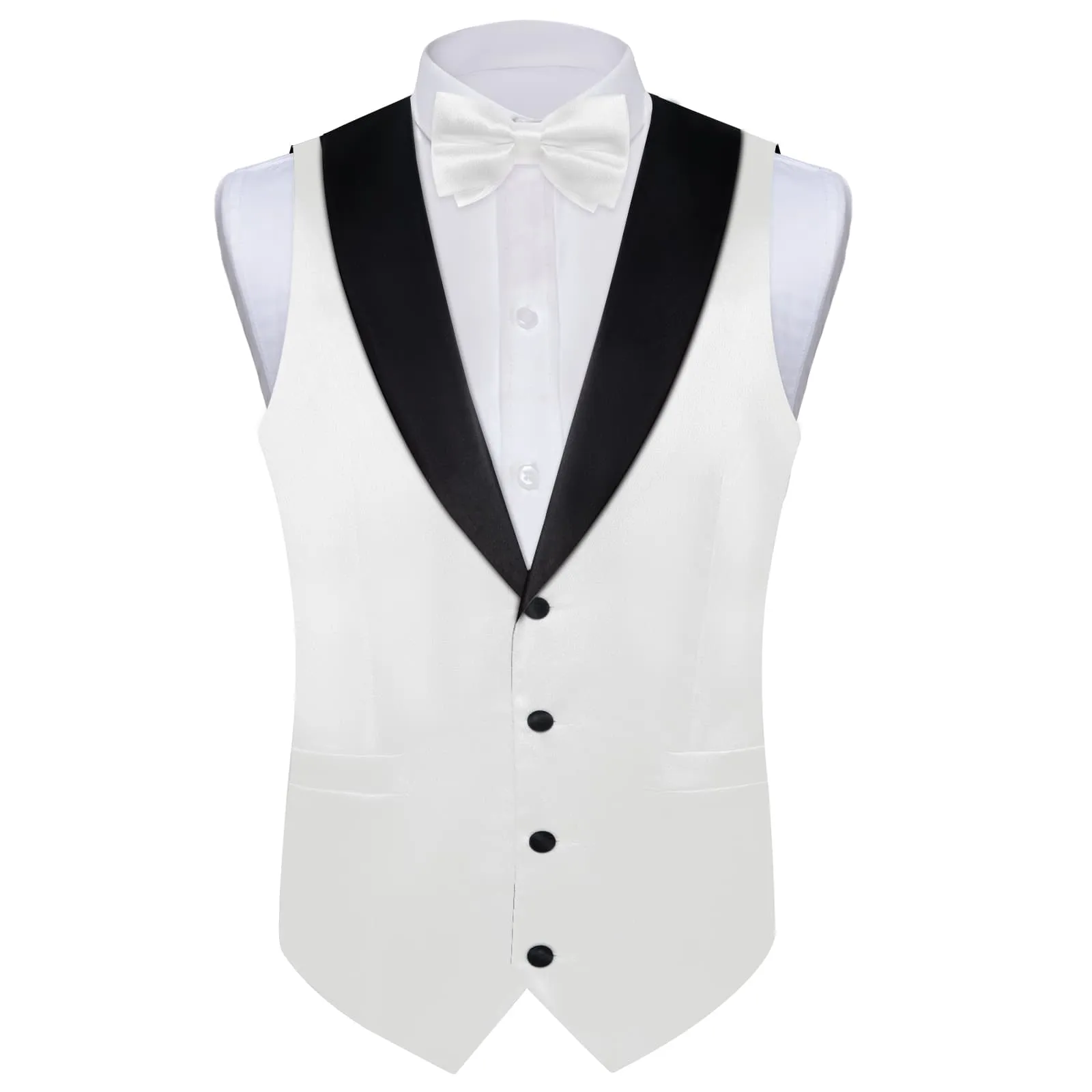 DiBanGu Tuxedo Vest Ghost White Solid Silk Mens Button Up Shawl Collar Dress Vest and Bow Tie Set