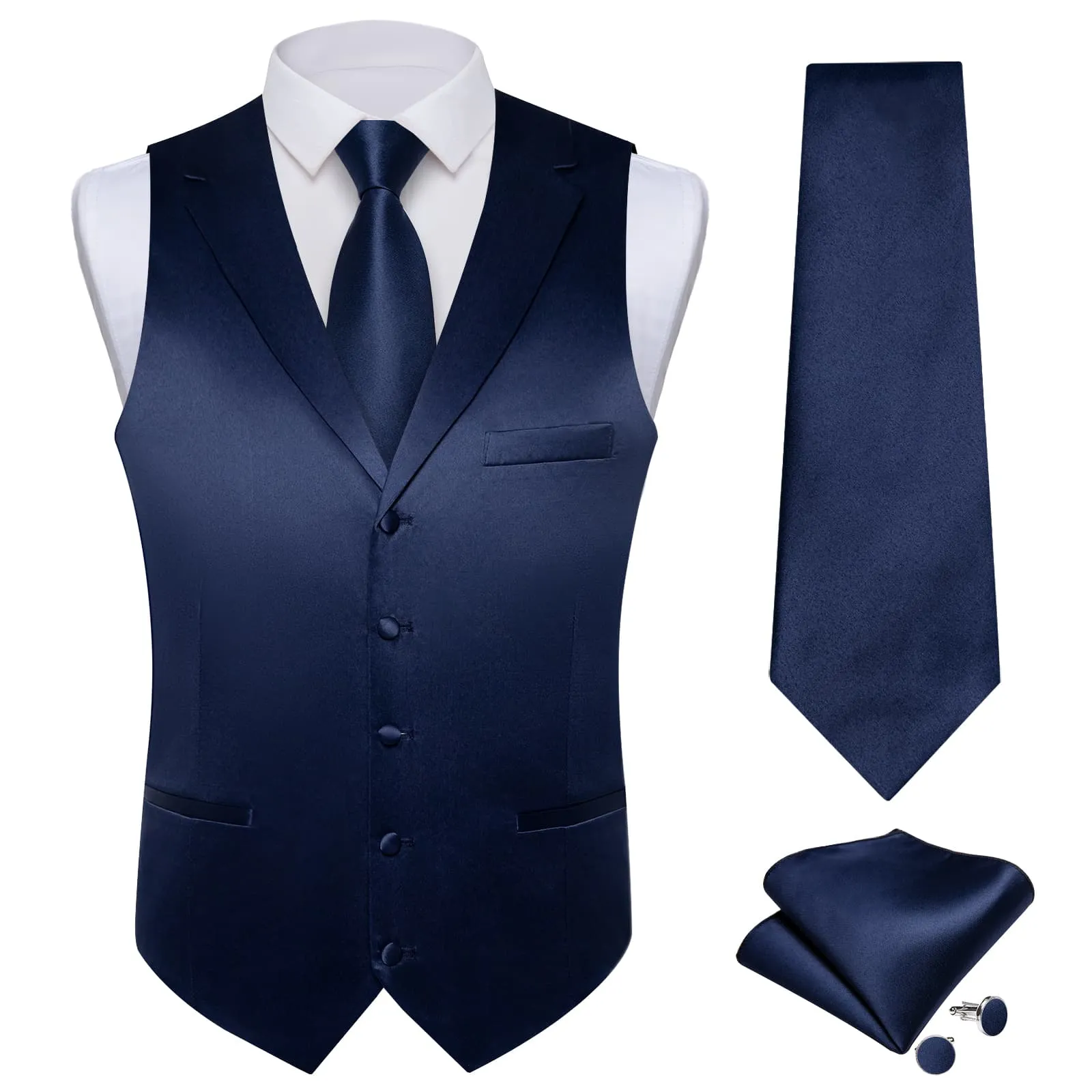 DiBanGu Tuxedo Waistcoat Deep Midnight Blue Solid Notched Collar Mens Business Casual Vest