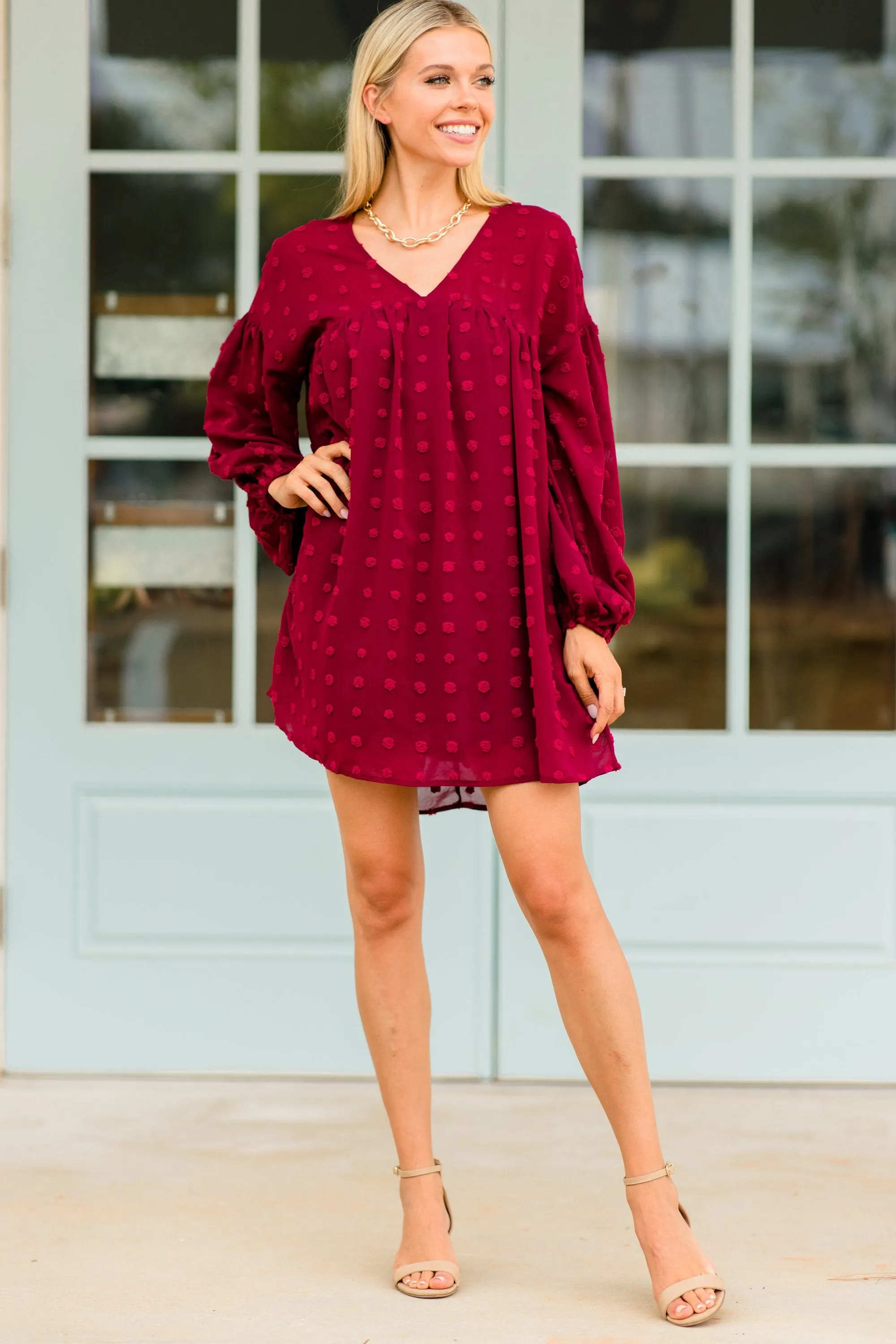 Everywhere I Go Burgundy Red Swiss Dot Dress