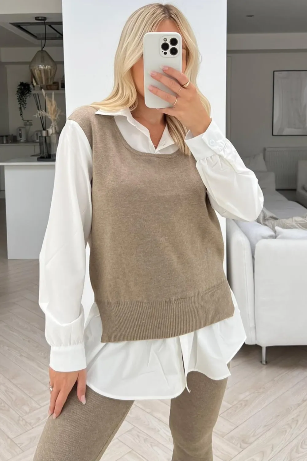 Flare taupe Jumper Vest Undershirt Loungewear set