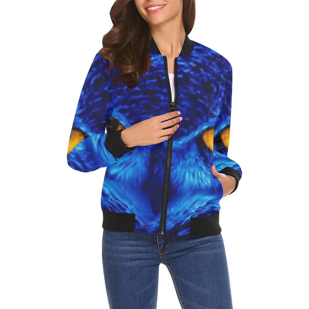 FLASHY BLUE OWL All Over Print Bomber Jacket for Women