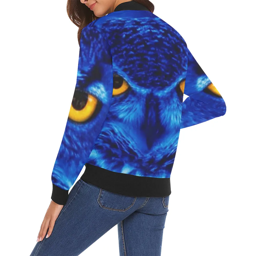 FLASHY BLUE OWL All Over Print Bomber Jacket for Women