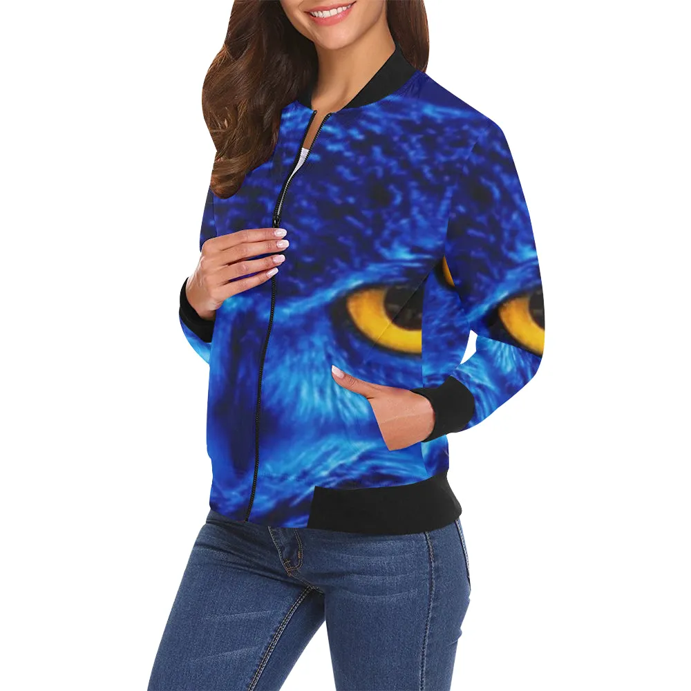 FLASHY BLUE OWL All Over Print Bomber Jacket for Women