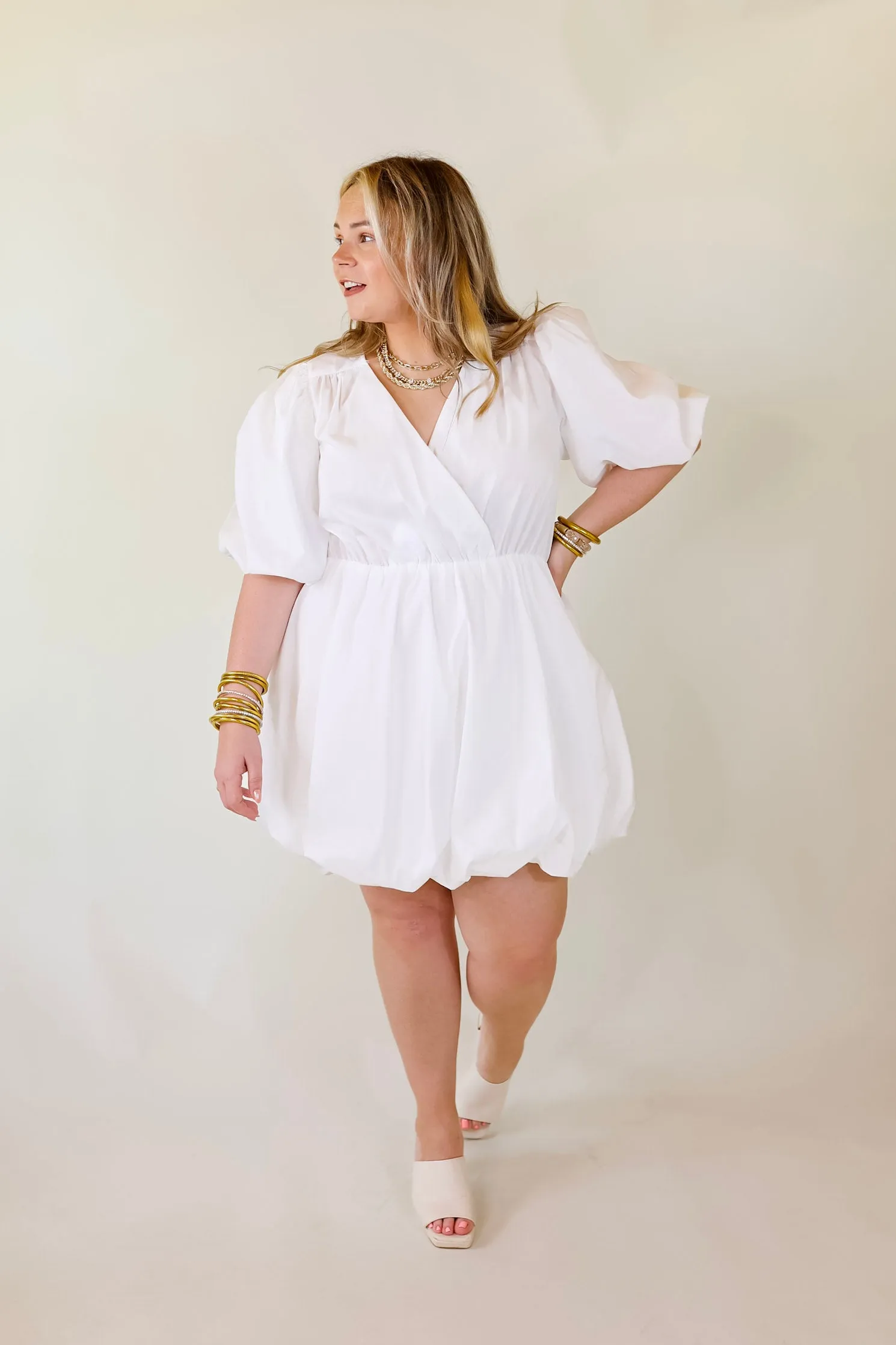 Flawless and Free Puffed Sleeve Babydoll Dress in White