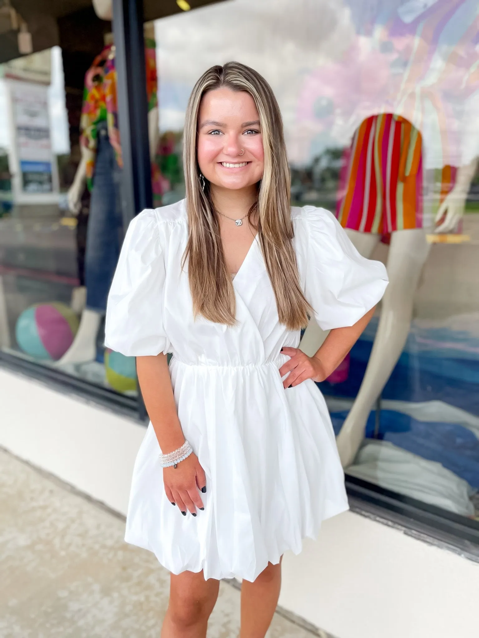 Flawless and Free Puffed Sleeve Babydoll Dress in White