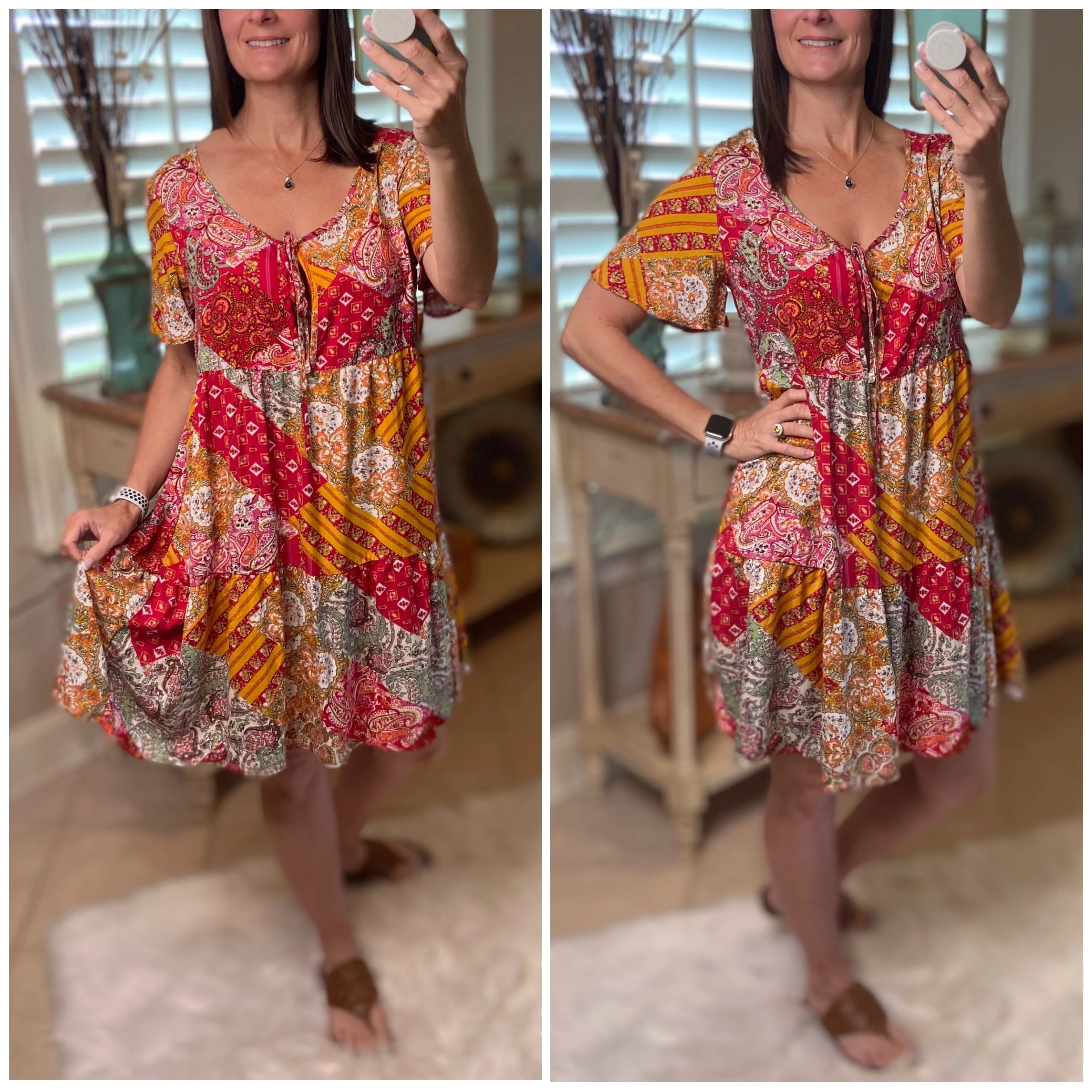 “Free Bird” Boho Patchwork Floral V Neck Tie Keyhole Short Sleeve Babydoll Chic Dress Red