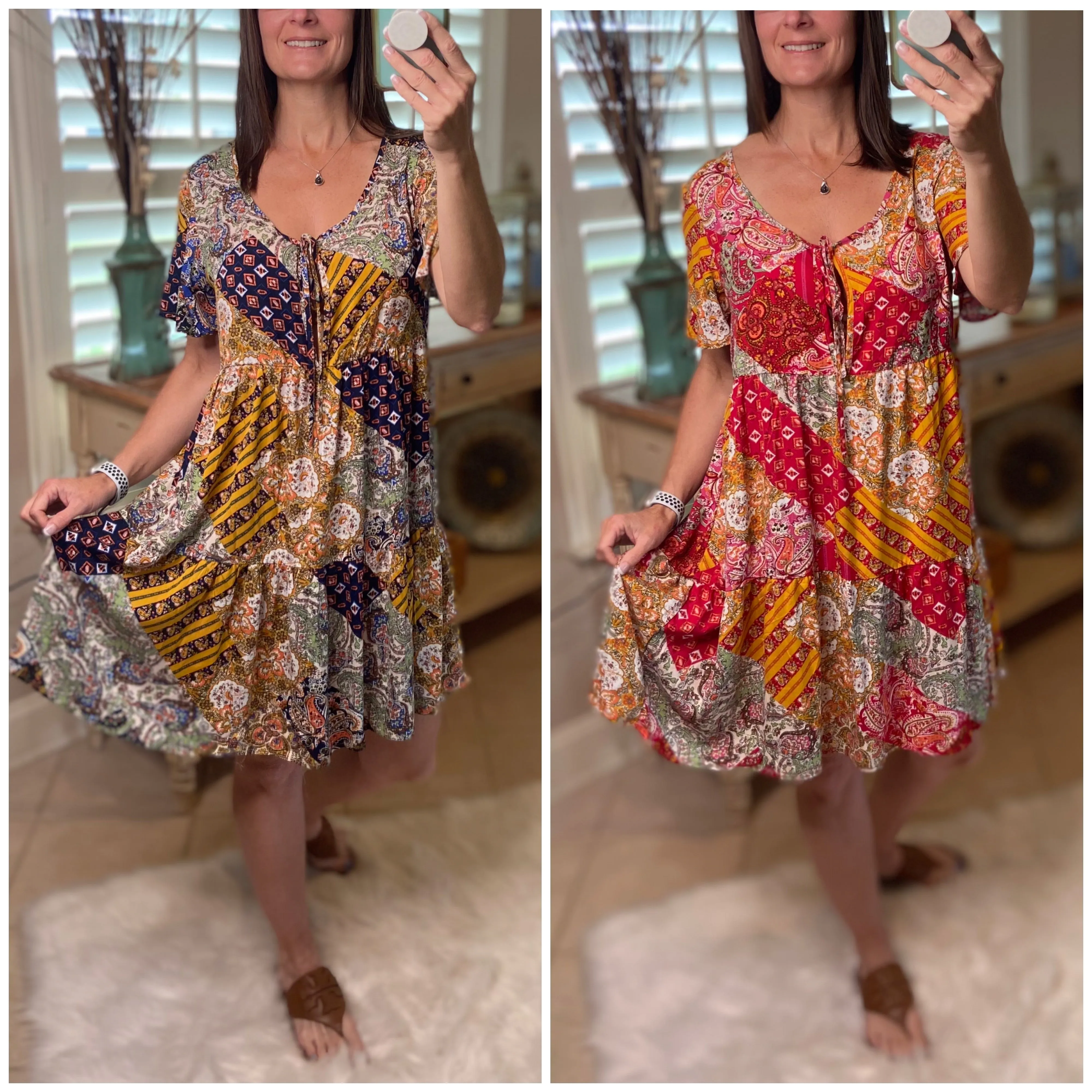 “Free Bird” Boho Patchwork Floral V Neck Tie Keyhole Short Sleeve Babydoll Chic Dress Red