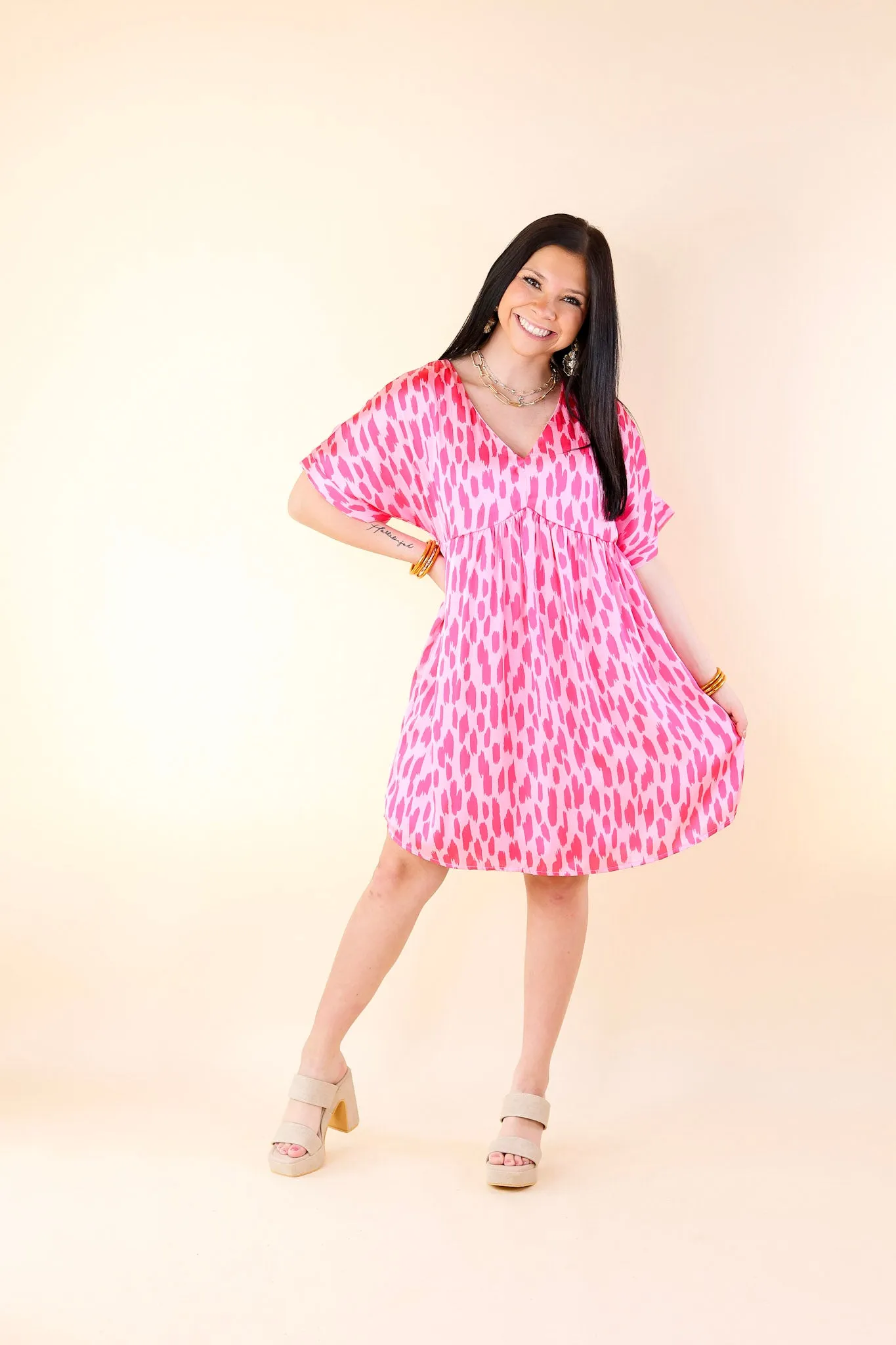 Fresh Blossoms Dotted Print Babydoll Dress with V Neck in Pink