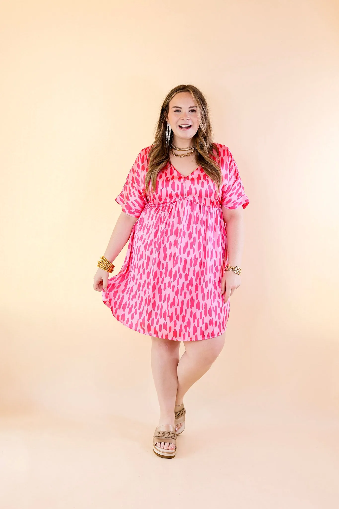 Fresh Blossoms Dotted Print Babydoll Dress with V Neck in Pink