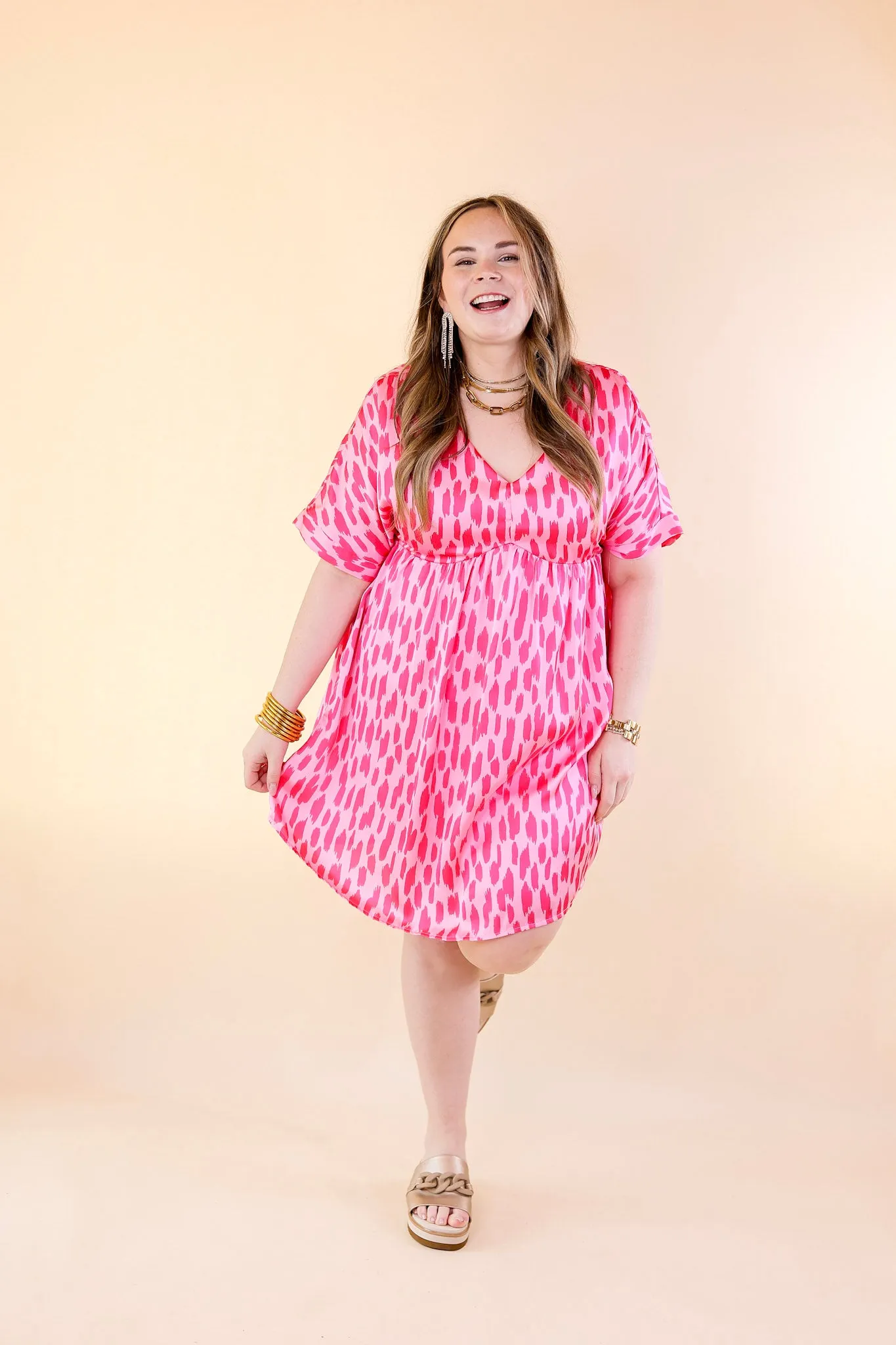 Fresh Blossoms Dotted Print Babydoll Dress with V Neck in Pink