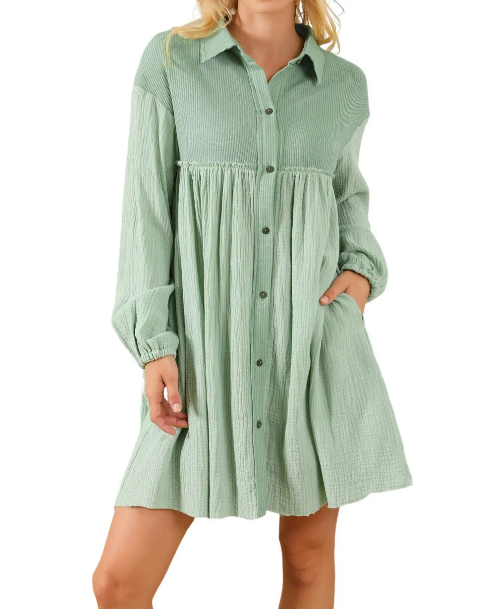 Gauze Puff Sleeve Shirt Dress